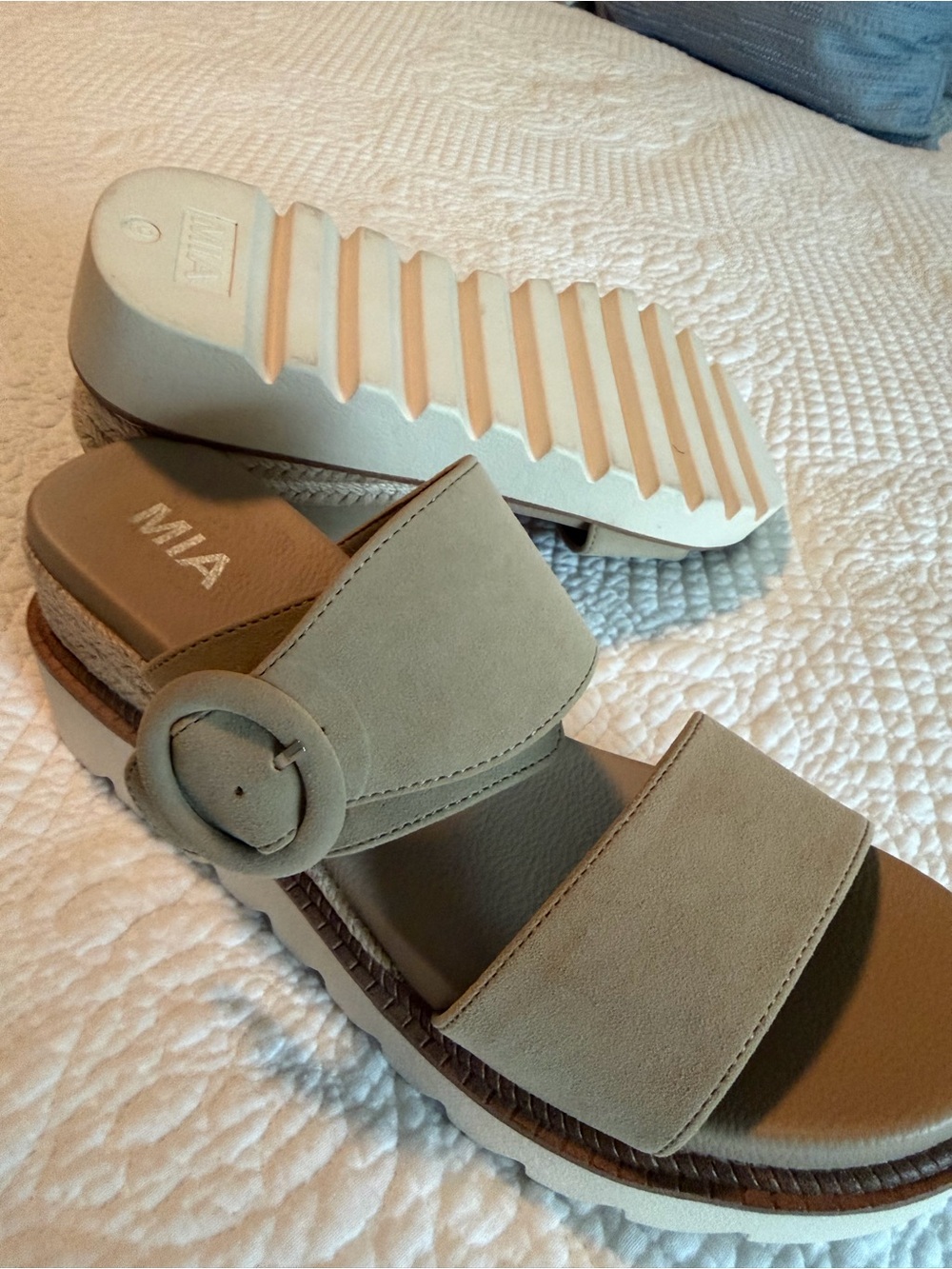 MIA Taupe Double-Strap Platform Slide Sandals with Round Buckle